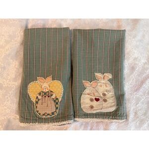 VTG Easter Rabbit Bunny Kitchen Towels Folk Art Embroidered Applique Handmade
